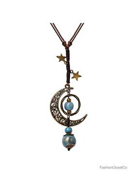 Vintage Boho Ceramic Beads Crescent Moon Lariat Necklace